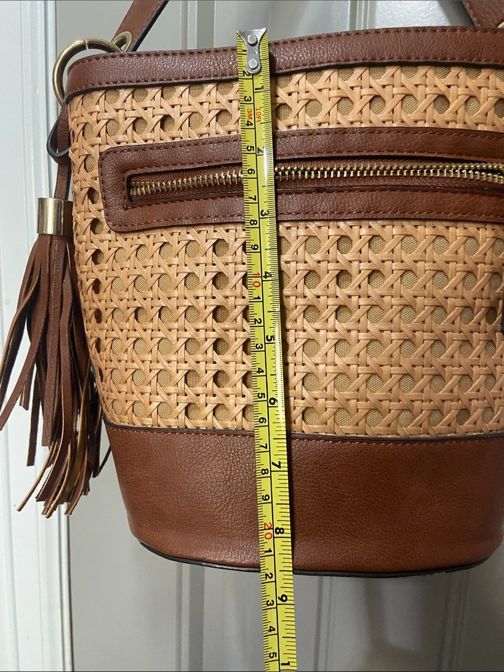 Woven Rattan & Brown Leather Bucket Bag with Tassel